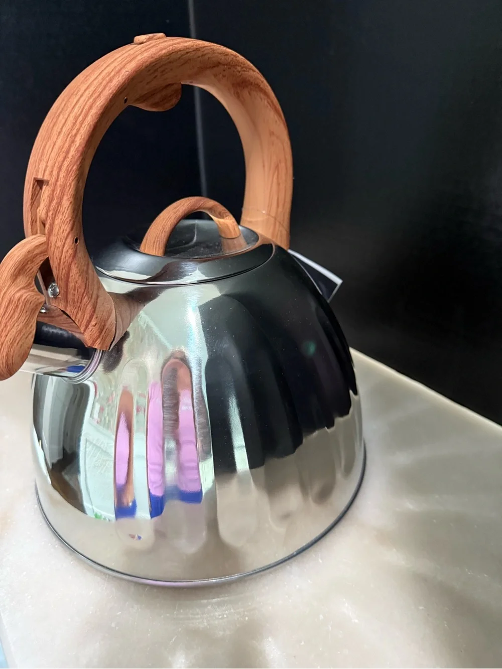 Balduzzi Italian Style Stainless Steel Tea Kettle Faux Wood Soft Handle NEW